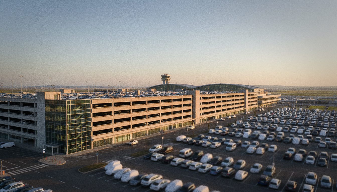 Parkplatz und Parkhaus gegenüber dem Terminal des Flughafens Porto